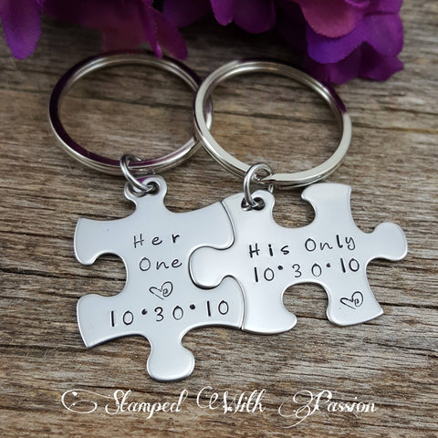 His and Her Puzzle Piece Key chain Set  With Date