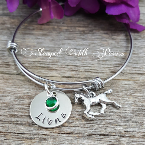 Horse Bracelet with name plate and birthstone