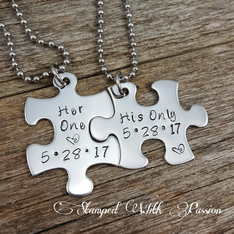 His and Her Puzzle Piece Necklace Set  With Date