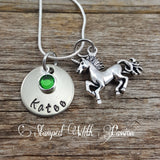 Unicorn Necklace with name plate and birthstone