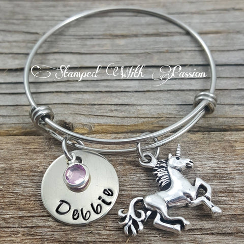 Unicorn Bracelet with name plate and birthstone
