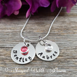 Personalized Mother or Grandmother Necklace  - Custom Handstamped Tag Disk Children Names Birthstone Charms Jewelry